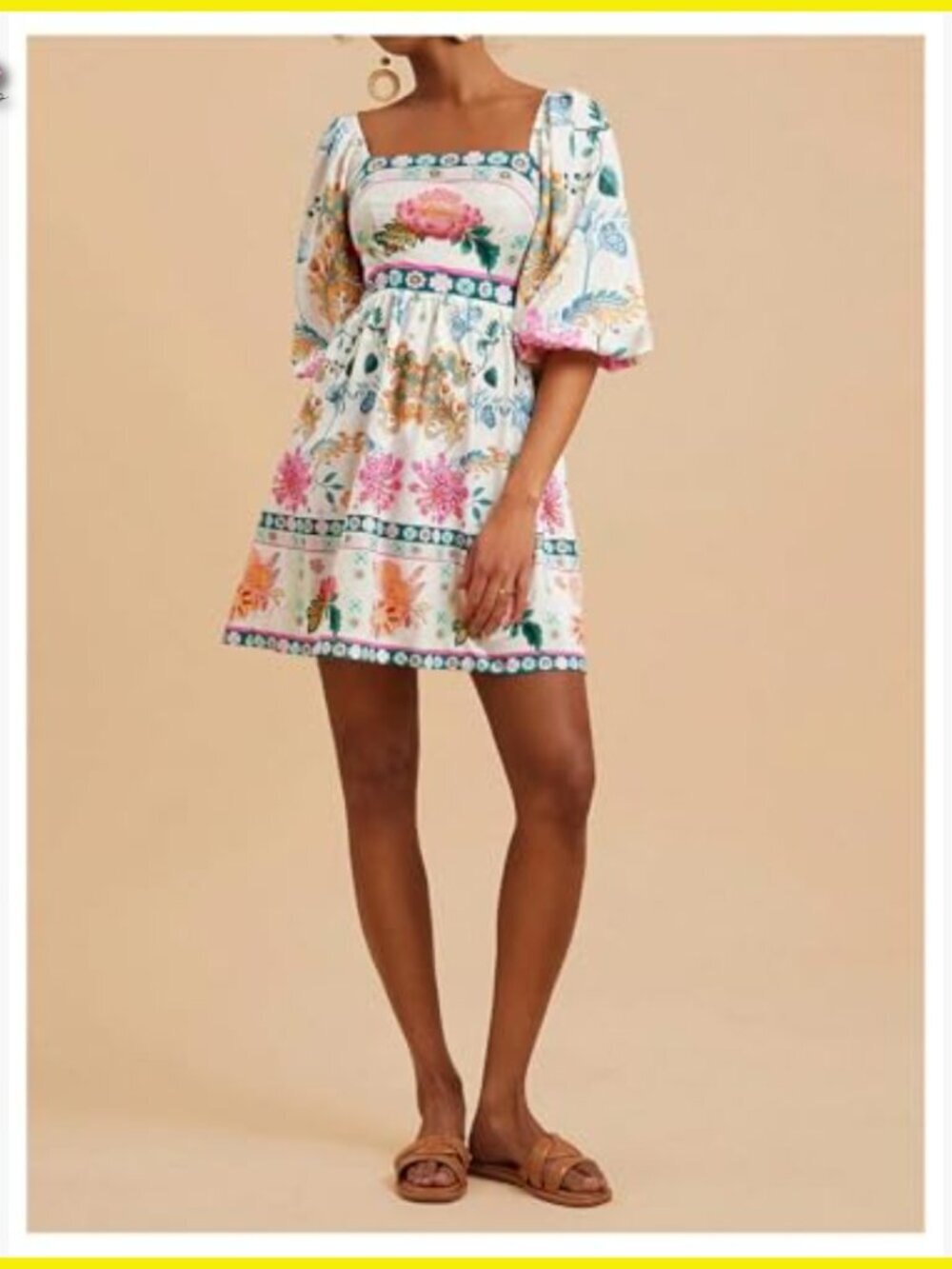Floral Puff Sleeve A-Line Dress Square Neck Tie Back Boho Casual Chic - Picture 5 of 5